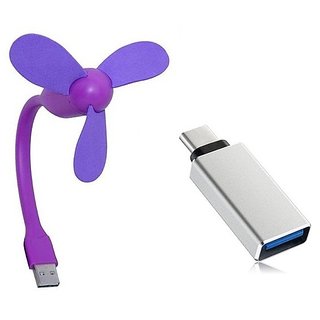 Combo OF Type C OTG Adapter With Flexible Portable USB Design Fan (Assorted Colors)