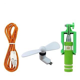 Combo Of Aux Cable V8 Otg Fan With Mini Selfie Stick Assorted Colors