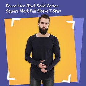 PAUSE Men's Black Solid Cotton Square Neck Full Sleeve T-Shirt