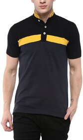 Urbano Fashion Men's Black, Yellow, Navy Half Sleeve Cotton Chinese Collar T-Shirt (Size : Small)
