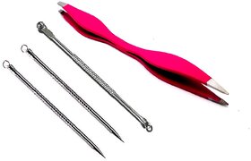 Outofbox 2 In 1 Steel Tip Tweezer Tool With Blackhead Remover Needle (Pack Of 3)