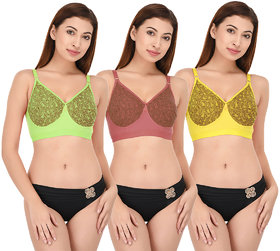 DeVry Double Layered Cotton Wirefree ,Non-Padded Printed Bra pack Of 3 Pc Set Bra Multicolors