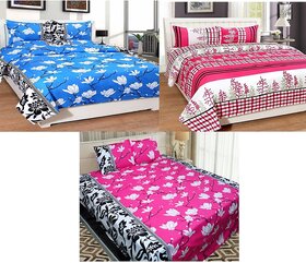 Urban Home Pack of 3 Glace Cotton Multicolor Floral King Size Double Bedsheet  With 6 Pillow Covers