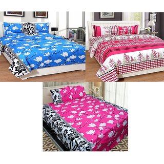 Urban Home Pack of 3 Glace Cotton Multicolor Floral King Size Double Bedsheet  With 6 Pillow Covers