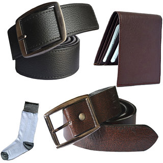 Sunshopping mens black and brown leatherite needle pin point buckle belt combo with white socks and brown wallet (Pack of four)