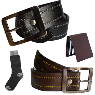 Sunshopping mens black and brown leatherite needle pin point buckle belt combo with black socks and brown wallet (Pack of four)