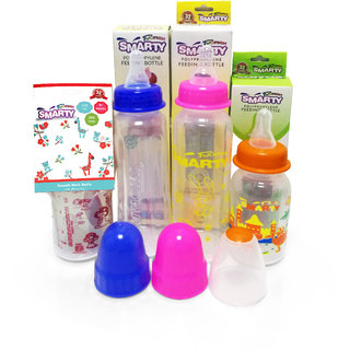 Combo Set of 4 Baby Feeding Bottle 250ml Plain, 150ml Print, 150ml Spoon and 250ml Round Plain Feeding Bootle