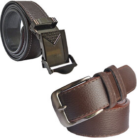 Sunshopping Men's Brown Leatherite Needle Pin Point & Buckle Auto Lock Belts Combo (Pack Of 2)