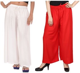 Evection Trendy Rayon Cotton Palazzo Pant Set of 2 - Red and White