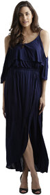 Women's Navy Blue Round Neck Half Sleeve Solid Gathered Layered Cold Shoulder Wrap Maxi Dress