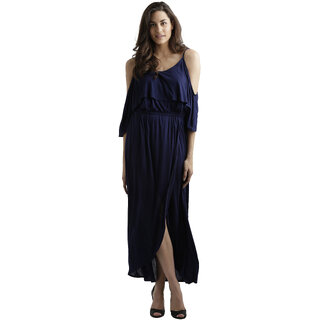                       Women's Navy Blue Round Neck Half Sleeve Solid Gathered Layered Cold Shoulder Wrap Maxi Dress                                              