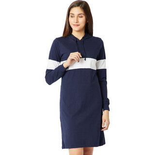                       Women's Navy Blue and White Round Neck Full Sleeve Solid Knee-Long Hooded Dress                                              