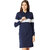 Women's Navy Blue and White Round Neck Full Sleeve Solid Knee-Long Hooded Dress