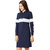 Women's Navy Blue and White Round Neck Full Sleeve Solid Knee-Long Hooded Dress