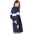 Women's Navy Blue and White Round Neck Full Sleeve Solid Knee-Long Hooded Dress