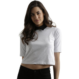                       Women's Off-White and Black Collar Neck Half Sleeve Cotton Solid Boxy Buttoned Crop Top                                              