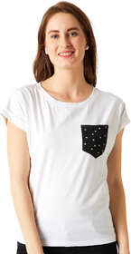 Women's White Round Neck Short Sleeve Cotton Solid Polka Dot Patch Pocket T-Shirt