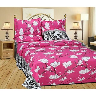 Choco Pink Floral with White Border Cotton Double Bedsheet With 2 Pillow Covers