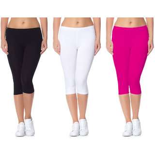 Omikka Bio-Wash 220 GSM Premium Ultra Soft Calf Length Capri Combo Pack 3- Regular and Plus Size - 20+ Best Selling Colors - (Free Size)