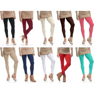 Omikka Stylish Women's Popular 160 GSM Stretch Bio-Wash Ankle Length Leggings - Regular and 20+ Best Selling Colors Pack of 10 (Free Size)