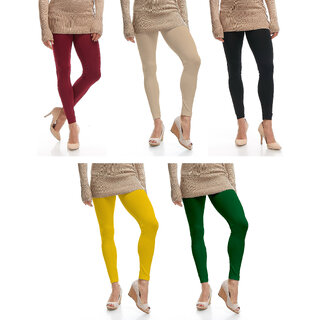Omikka Stylish Women's Popular 160 GSM Stretch Bio-Wash Ankle Length Leggings - Regular and 20+ Best Selling Colors Pack of 5 (Free Size)