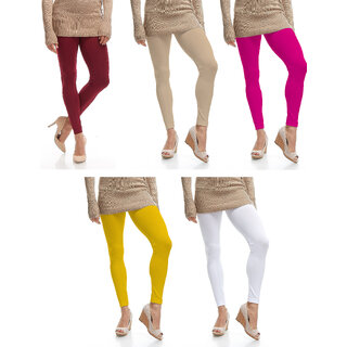Omikka Stylish Women's Popular 160 GSM Stretch Bio-Wash Ankle Length Leggings - Regular and 20+ Best Selling Colors Pack of 5 (Free Size)