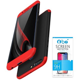 TBZ Ultra-thin 3-In-1 Slim Fit Complete 3D 360 Degree Protection Hybrid Hard Bumper Back Case Cover for Huawei Honor 9 Lite with Tempered Screen Guard -Red