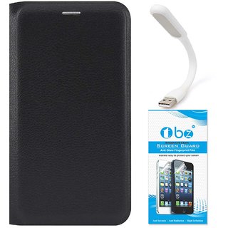 TBZ PU Leather Flip Cover Case for Samsung Galaxy On7 Prime with Flexible USB LED Light and Tempered Screen Guard -Black