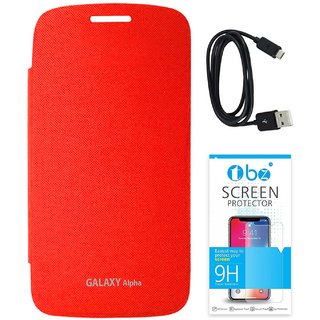 TBZ Flip Cover Case for Samsung Galaxy Alpha with Data Cable and Tempered Screen Guard -Red