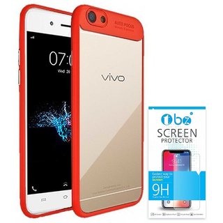 TBZ Transparent Hard Back with Soft Bumper Case Cover for Vivo V7 Plus with Tempered Screen Guard - Red