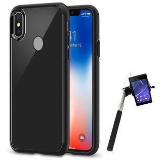 TBZ Transparent Hard Back with Soft Bumper Case Cover for Vivo V9 with Selfie Stick Monopod with Aux - Black