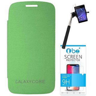 TBZ Flip Cover Case for Samsung Galaxy Core I8260 with Selfie Stick with Aux and Tempered Screen Guard -Green