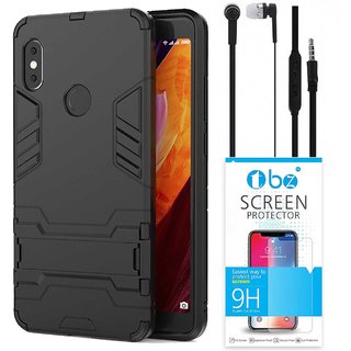 TBZ Tough Dual Protection Layer Hybrid Kickstand Back Case Cover for Vivo V9 with Earphone and Tempered Screen Guard -Black