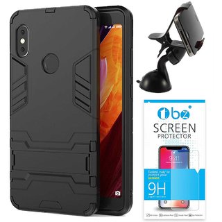 TBZ Tough Dual Protection Kickstand Back Case Cover for Vivo V9 with Mobile Car Mount Holder Stand and Tempered Screen Guard -Black