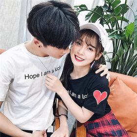Hope I am a luck white and black Cotton  Couple T Shirt (Pack of 2)