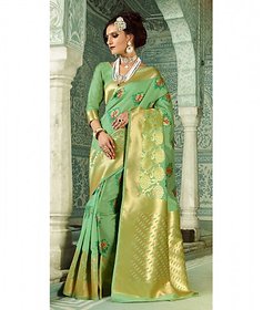 Green  Goldern Colored Handloom Poly Weaving Woven Work Saree