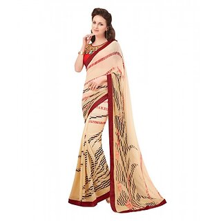 Cream Colored Pure Georgette Printed With Embroidered Saree