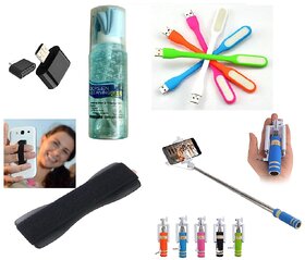 KSJ (S05) Combo of Selfie Stick AUX Cable, Finger Grip, USB LED Light, OTG Adopter and Cleaning Kit (Assorted Colors)