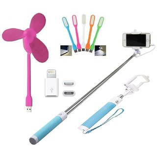 KSJ (S01) Combo of BW Selfie Stick, USB Fan, LED Light and Lightening connector 8pin (Assorted Colors)