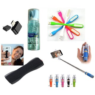 KSJ (S05) Combo of Selfie Stick AUX Cable, Finger Grip, USB LED Light, OTG Adopter and Cleaning Kit (Assorted Colors)