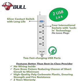 Bull 4 Socket 10A ,2 USB Socket 5V  2.4 A Fast Charging, 1  Master Switch, 2 M  Long Wire Extension Cord/Board