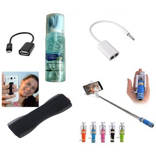 (S07) Combo of Selfie Stick, Finger Grip, Splitter Cable, Cleaning Spray Kit and OTG Cable (Assorted Colors)