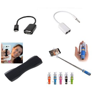 (S08) Combo of Selfie Stick, OTG Cable, Splitter Cable and Finger Grip (Assorted Colors)