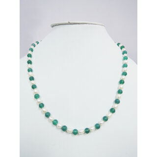                       Elegant Pearl Necklace featuring of 6mm Round Green Agate Beads and white Fresh Water Pearl , with silver tone base metal clasp                                              
