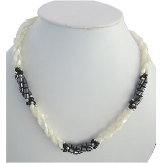                       3-Strands Knotted Necklace  featuring of Hematite ,Fresh water Pearl and Black Onyx Plain Beads adorn with metal beads                                              