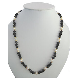 Dyed Black and white Fresh Water Pearl 20 inches long necklace adorn with golden tone plain metal beads secure with metal clasp