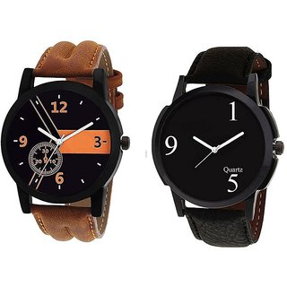 LEBENZEIT Leather Strap Analog Watch Professional Look Perfect Gift for Men Boys - Combo of 2