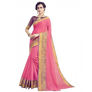 Pink Colored Polyester Cotton Embroidered Saree