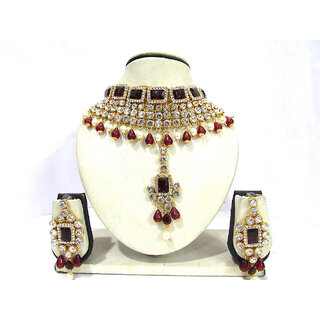                       Maroon And White Stone Drop Weeding  Necklace Set                                              