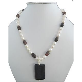                       Central Pendant Necklace featuring of Fancy Jasper 8x10mm Drum and Fresh water Pearl                                              